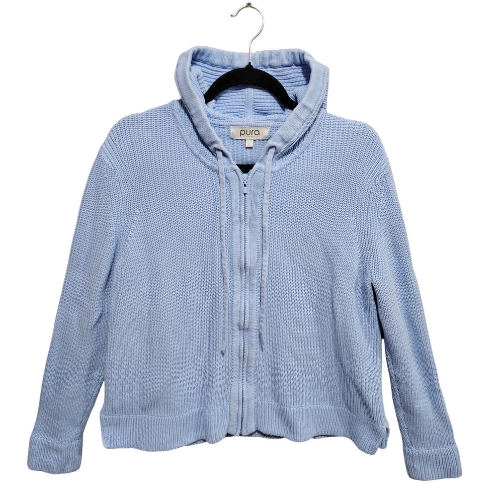 PURA CASHMERE 340 Cotton‎ Fisherman Hoodie Sweater Full Zip Size Large Baby Blue